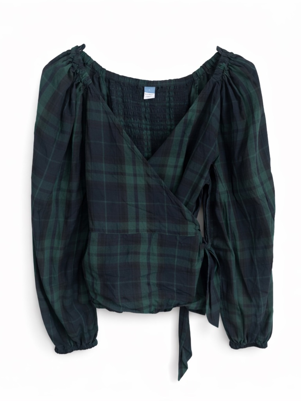 Old Navy Green & Black Plaid Wrap Blouse Long Sleeve Tie Front Top Size Large